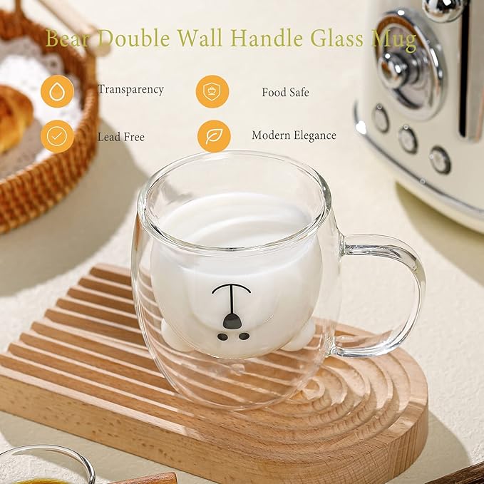 Binoster Bear Cute Mugs Kawaii Double Wall Glass Coffee Tea Mill Yogurt Cup Funny Novelty Gift for Women Her Friends Office Birthday Christmas (Bear with handle)