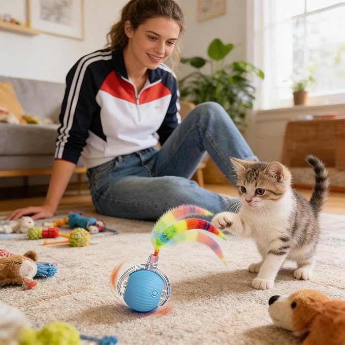 Interactive Cat Toy Ball, Automatic Moving Cat Toys, 6cm Rechargeable Rolling Ball with Tail for Cats, Durable Pet Toy with Motion Sensor, Entertainment Toys for Home Apartment Living Room