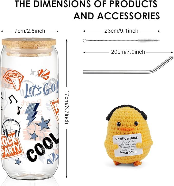 Joeyan Glass Cup with Lid and Straw, 20oz Iced Coffee Cup with Positive Crochet Duck Doll, Rock Party & Game Themed Glass Tumbler for Smoothie Boba Tea, Cool Gamer Gift for Men Boyfriend Son Gamers