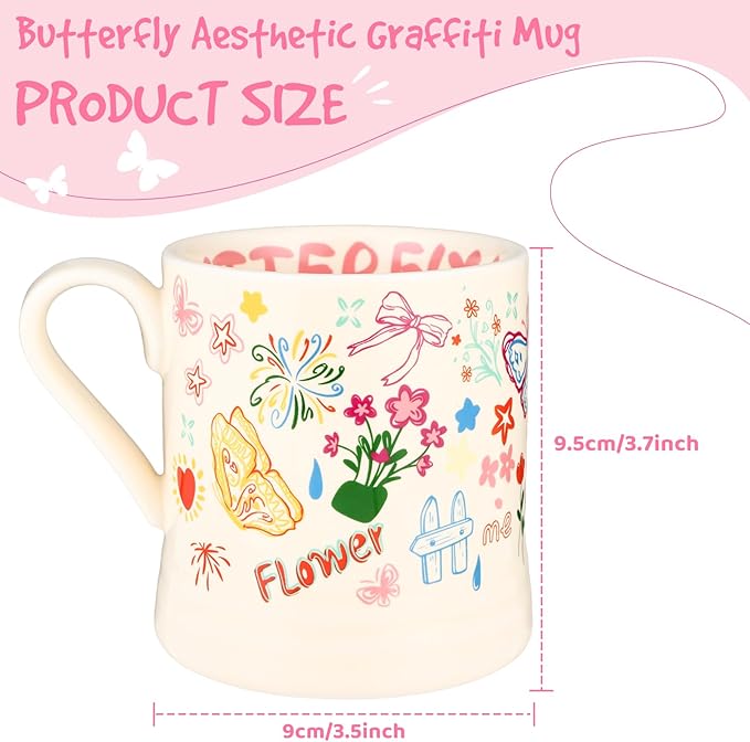 Flower Mug, Butterfly Gifts for Women, Funny Aesthetic Ceramic Cup for Cappuccino Espresso Tea Milk Juice, Cute Coffee Mug for Christmas Holiday Party, Dishwasher Safe