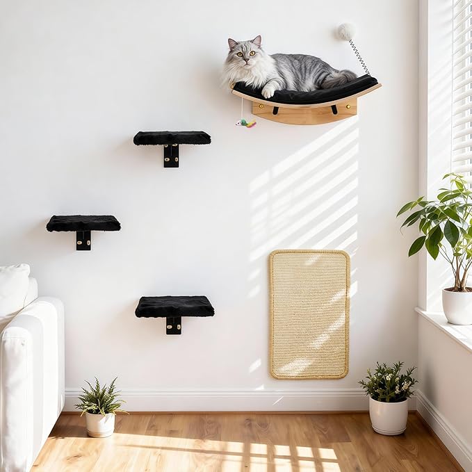 Cat Shelves for Wall，5 in 1 Cat Furniture Set with Soft Curved Pad，Modern Space-Saving Wall Mounted Shelves for Play & Rest
