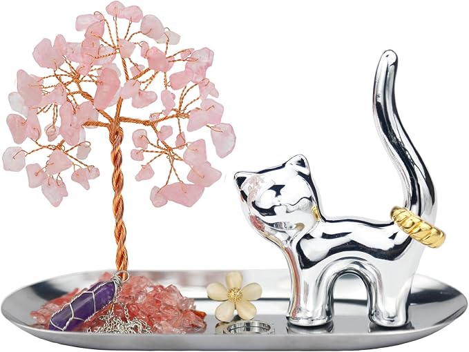 Carselage Cat Ring Holder, Cute Animals Jewelry Tray, Cat Lovers Gifts for Women, Pink Room Japanese Decor, Birthday Gifts for Teen Girls Trendy Stuff - Rose Quartz