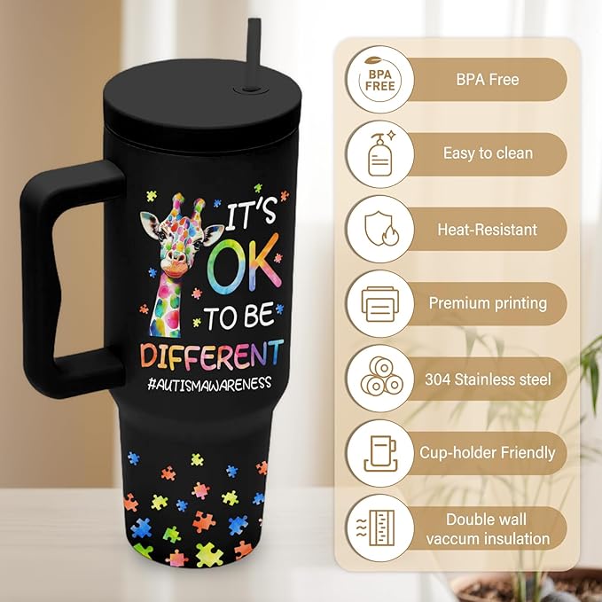 Autism Tumbler 40 Oz, Autism Awareness Tumbler With Handle, It's Ok to Be Different Giraffe Cup, Birthday Christmas Gifts For Autistic Person, Autismo Gift Black