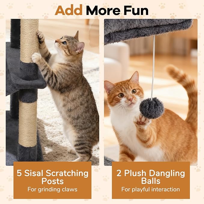 DORTALA 75" Tall Modern Cat Tree, Multi-Level Cat Tower with Large Condos, Sisal Scratching Posts, Top Perch, Hammock, Dangling Balls, Kitten Beds & Climbing Furniture for Indoor Cats (Grey)