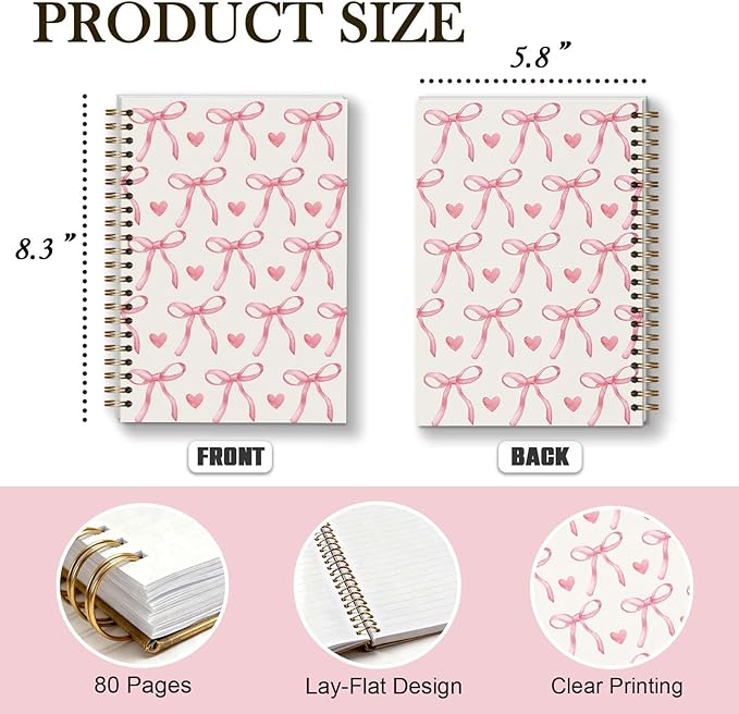 Bible Journal Spiral Notebook, Coquette Pink Bow Bible Study Supplies, Christian Gifts for Women Girls, 5.5x8.3 Inch - A13
