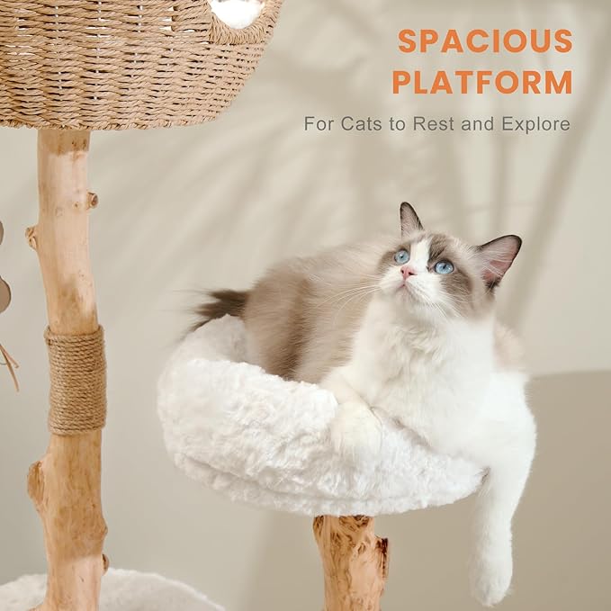 PEGIC Cat Tree Tower with Two Real Branches, 44 INCH Wood Modern Cat Tower with Luxury Cat Condo, Cat Scratching Post, Jumping Platforms, Cat Furniture (Short Plush)