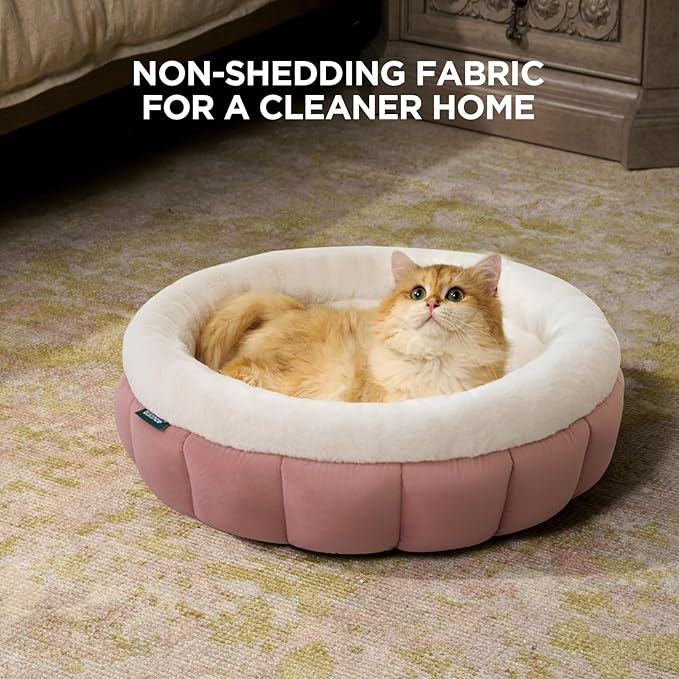 BALANCE Cat Beds for Indoor Cats, Washable Round Cat Bed, Cute Kitten Bed with Anti-Slip Bottom for Kitty and Puppy, 23 Inches, Mellow Rose