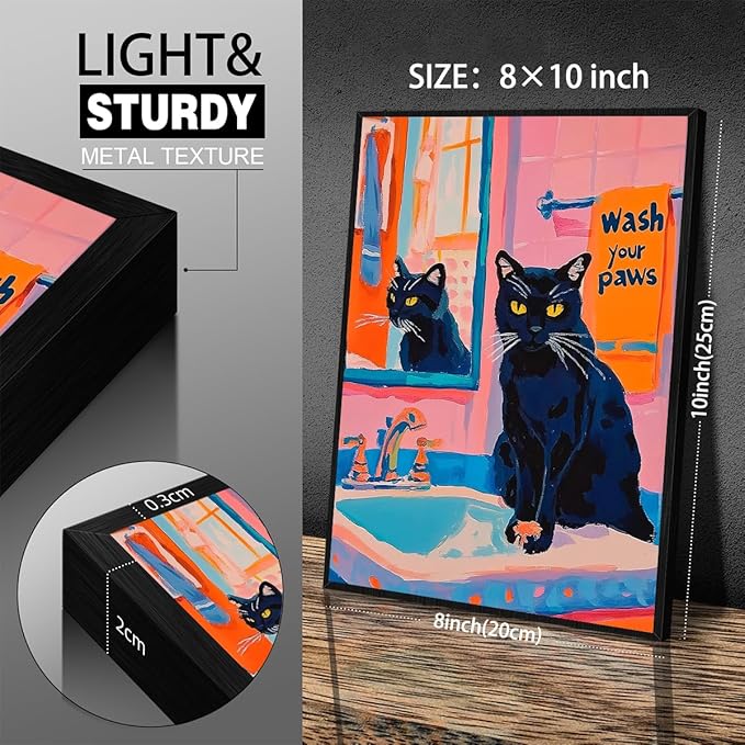 Black Cat Wash Your Paws Fun Wall Art Funky Colorful Bathroom Animal Poster Playful Kitsch Dopamine Aesthetic Canvas Pictures 08x10 inch Black Framed for Bathroom Wall Decor