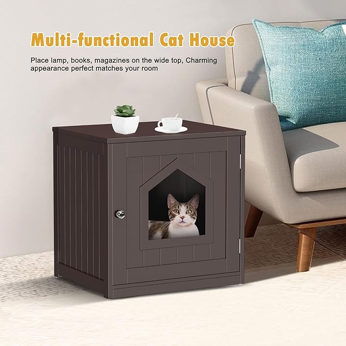 Cat Litter Box Enclosure Litter Box Furniture Hidden Wooden Washroom Litter Box Cabinet Indoor Cat House Side End Table Nightstand (Coffee)