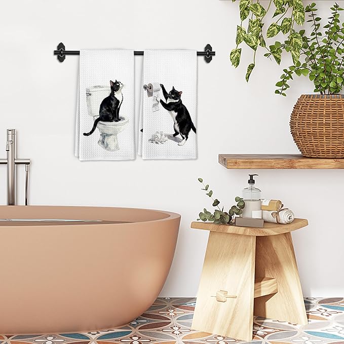 Funny Tuxedo Cat Hand Towels for Bathroom Washroom Kitchen Decor, Tuxedo Cat Gifts for Women Men, Cute Cats Decorative Hand Towels Set of 2, Black Kitty Themed Dish Tea Towel, 16x24 Inch