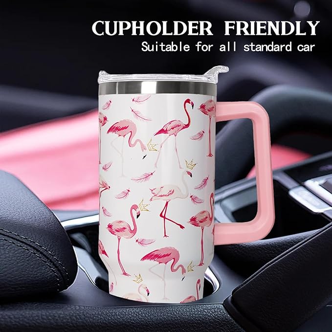 40 oz Pink Flamingo Tumbler with Handle, Lid and Straw - Flamingo Gift for Women - Coffee Mug, Water Bottle