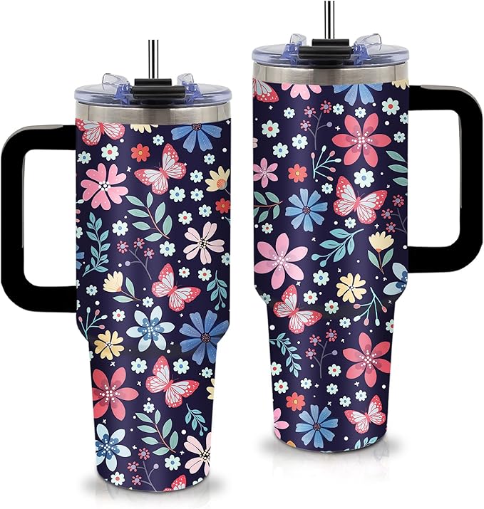 Gifts for Women - Floral Tumbler 40oz with Handle and Straws, Leak-proof, Stainless Steel Insulated Travel Coffee Mugs for Flower Themed Cups, Female Birthday Christmas Gifts