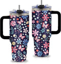 Gifts for Women - Floral Tumbler 40oz with Handle and Straws, Leak-proof, Stainless Steel Insulated Travel Coffee Mugs for Flower Themed Cups, Female Birthday Christmas Gifts