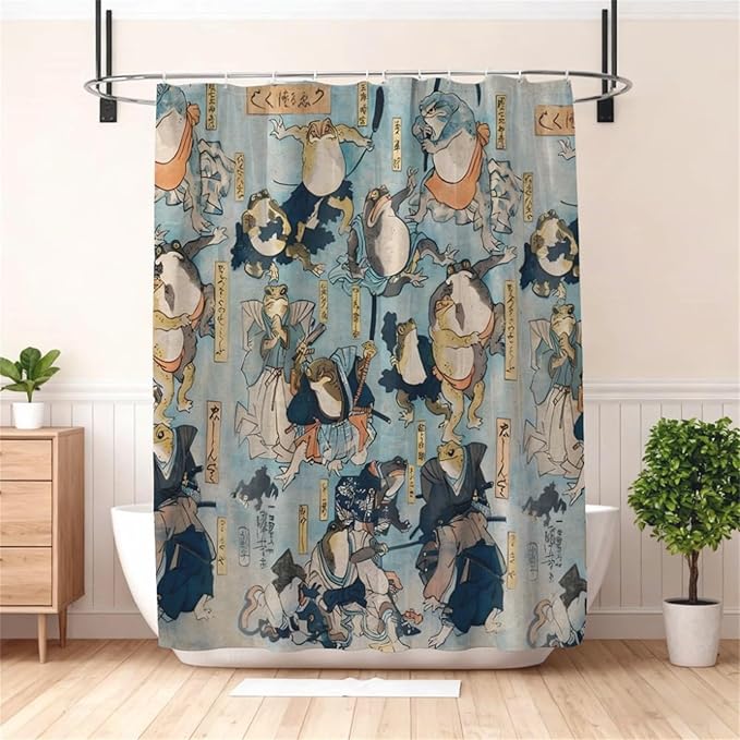 Vintage Blue Samurai Frog Shower Curtains,Folklore Japanese Shower Curtain for Bathroom,Funny Ninja Frog Japanese Art Bathroom Decor,72x72 Inch