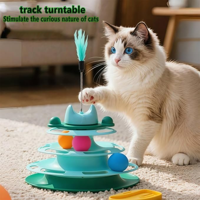 Cat Ball Track Toys, Creative Feather Toy, consisting of 3 Balls and a Feather Stick, Tower-Shaped cat Intelligence Toy, Suitable for Chasing Games with Kittens. (Blue)