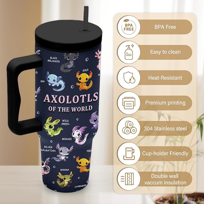 Axolotls Tumbler 40 Oz, Axolotl Gifts For Women, Axolotl Tumbler With Handle, Birthday Gifts For Axolotls Lovers, Blue Insulated Tumblers Cup