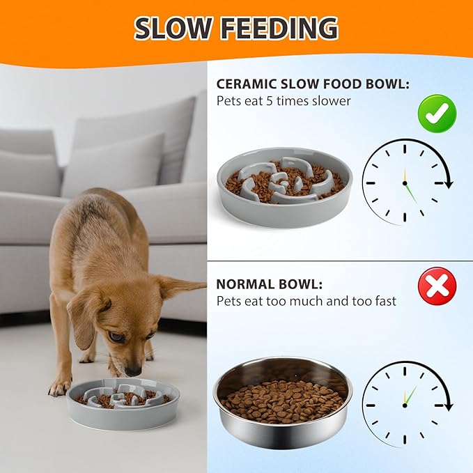 Slow Feeder Dog Bowl, Ceramic 8.3 inch Dog Food Bowls for Small, Medium, and Large Breed, Anti-Slip Maze Puzzle Food Dish to Slow Down Eating (Grey, 8.3 inch)
