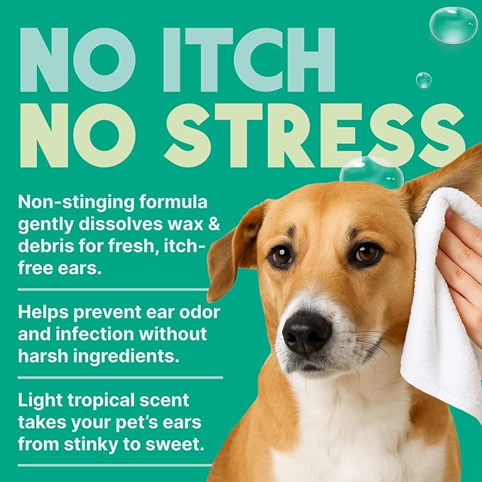TropiClean Dog Ear Wash, Vet Recommended Ear Cleaning Solution for Itch Relief, Odor Eliminating, Non Stinging Alcohol-Free, Cat Safe, USA Made, 4oz