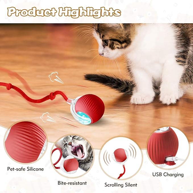 Interactive Cat Ball Toys for Indoor Cats, Upgraded Automatic Cat Toys for Bored Indoor Adult Kitty, Peppy Pet Ball for Cats, 360°Smart Rolling Kitty Balls Toy (Red)