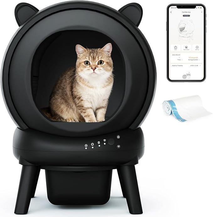 Automatic Cat Litter Box, Self Cleaning Litter Box Smart Robot for Multiple Cats, APP Real-Time Monitor, Odor & Noise Control, Safe Anti-Pinch, Trash Bag Included, Black