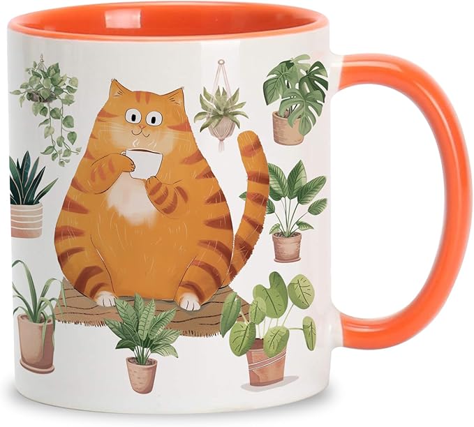 Hyturtle Cute Orange Cat Coffee Mug, Christmas Gifts For Cat Mom, Plant Decor Gift For Plant Lovers, Gardening Birthday Gift for Girls, Gardener Present 11oz Two Tone Orange White Ceramic Tea Mug Cup