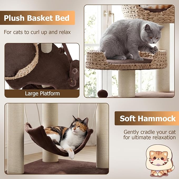 Tangkula Modern Cat Tree Tower, Multi-Level Tall Activity Center with Natural Sisal Scratching Posts, Hammock, Hand-Made Cattail Cute Condo with Funny Toy Balls (Brown)