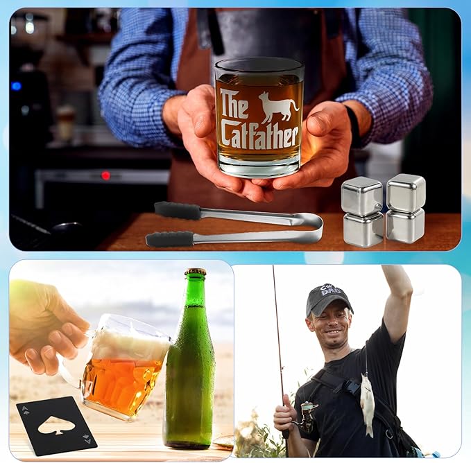 14 Pieces Cat Dad Gifts for Dad Best Cat Dad Ever for Men, for Men Including Whiskey Set Socks Keychain Hat Bottle Opener Greeting Cards Sented Candle