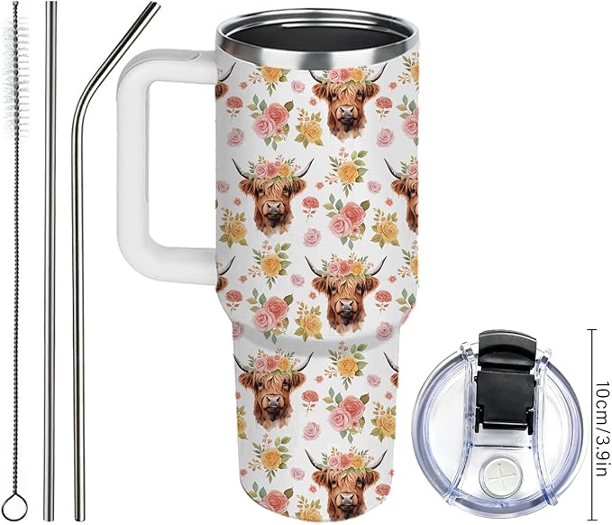 Highland Cow Tumbler 40oz, Cow Gifts for Woman for Cowgirls, Farming Gifts for Female Farmers for Cowgirl, Floral Cup Highland Cows Gift Travel Insulated Stainless Steel Coffee Travel Mug