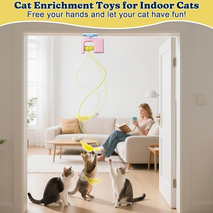 Palksky Interactive Cat Toys for Bored Indoor Cats, Hanging Retractable Flying Bird String Cat Toy, Kitten & Adult Cat Enrichment Feather Toys, Automatic Electric Stimulating Cats Toys for Exercise