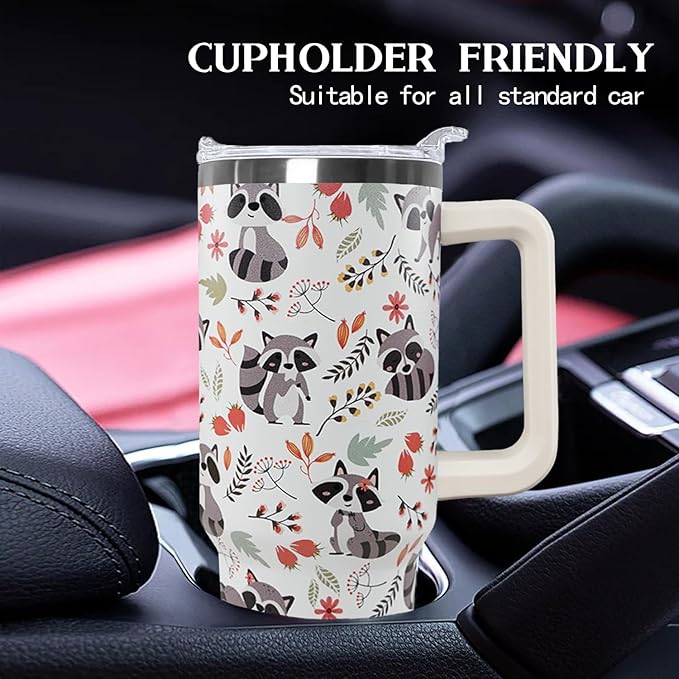 Ceovfoi 40 Oz Racoon Tumbler With Handle, Coffee Travel Mug Cup Water Bottle, Racoon Decor, Gifts for Women