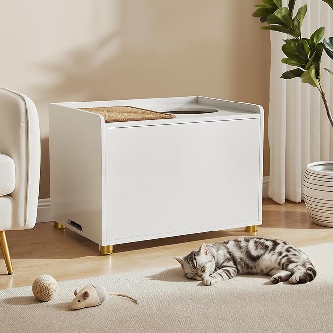 Top Entry Litter Box Enclosure, Flip Top Cat Litter Box Furniture with Scratch Mat, Stylish Hidden Cat Washroom for Large Cats (White)