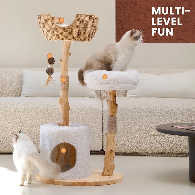 PEGIC Cat Tree Tower with Two Real Branches, 44 INCH Wood Modern Cat Tower with Luxury Cat Condo, Cat Scratching Post, Jumping Platforms, Cat Furniture (Short Plush)
