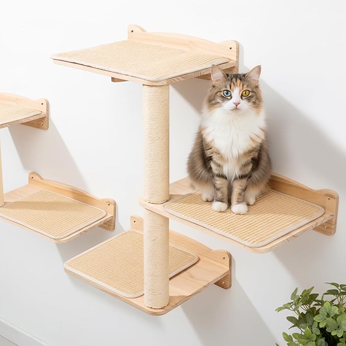 Cat Wall Shelves, 2-Tier Cat Shelves with Sisal Scratching Post, Sisal Mat Solid Pine Wood Wall Mounted Cat Climbing Furniture, Modular Design