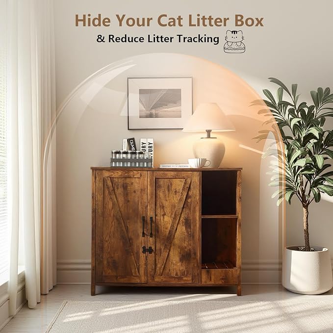 Litter Enclosure with Litter Collector, Litter Cabinet with Dog-Proof Adjustable Shelf, for Placing Cat Robot 3/4, Power Outlet(Rustic Brown)