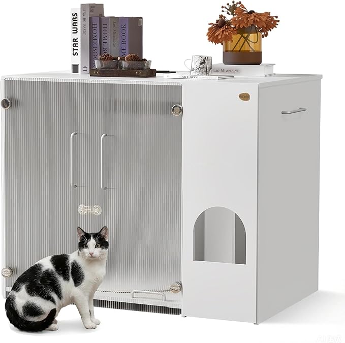 Cat Litter Box Enclosure - Dog Proof Cat Litter Box with Pull-Out, Rotating Features, Includes Power Outlet and Acrylic Wave-Patterned Door Panels with Lock,Elegant White