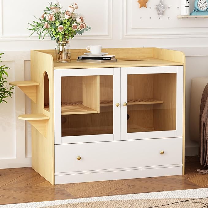 Extra Large Cat Litter Box Enclosure Furniture Hidden, Cat Condo Cabinet Pet House with Stairs for 2, Nightstand Side Table witha Large Drawer for Living Room, Natural