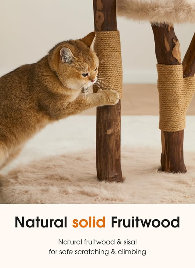 Letkind Modern Cat Tree Tower for Large Indoor Cats, Perches-Natural Solid Wood Cat Tower with Sisal Scratching Post, Perches, Hammock & PlayBalls, Aesthetic Boho Cat Furniture