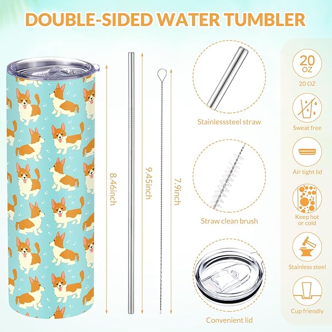 Funnymoom 2 Pack Corgi Gifts Set Skinny Tumbler 20 oz Travel Coffee Mug Novelty Cute Animals Socks, Christmas Birthday Party Gifts for Corgi Cute Dog Themed