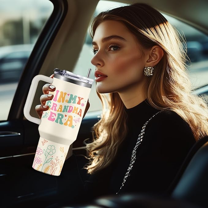 In My Grandma Era Tumbler 40oz - Insulated Stainless Steel Cup with Handle & Straw - Funny Gift for New Grandma, First Time Grandmas, Cool Grammy - Christmas, Birthday Gift for Her