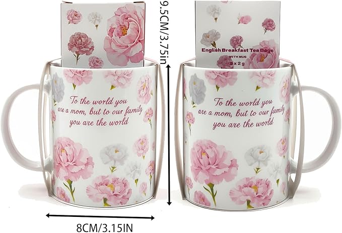 Mother's Day Mug Gift - Floral Ceramic Mug Boxed To The World You Are A Mom Porcelain Tea Coffee Cup and English Breakfast Tea Set for Mom Birthday Gift