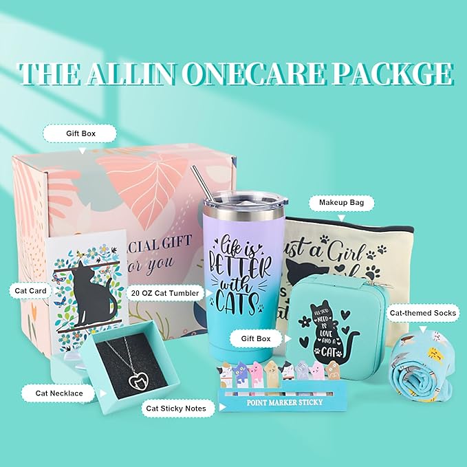 Cat Lover Gifts for Women, Mom Gifts Cat Themed Gift Basket Birthday Teacher Appreciation Valentine's Day Mother's Day Cat Lovers With 20 OZ Tumbler