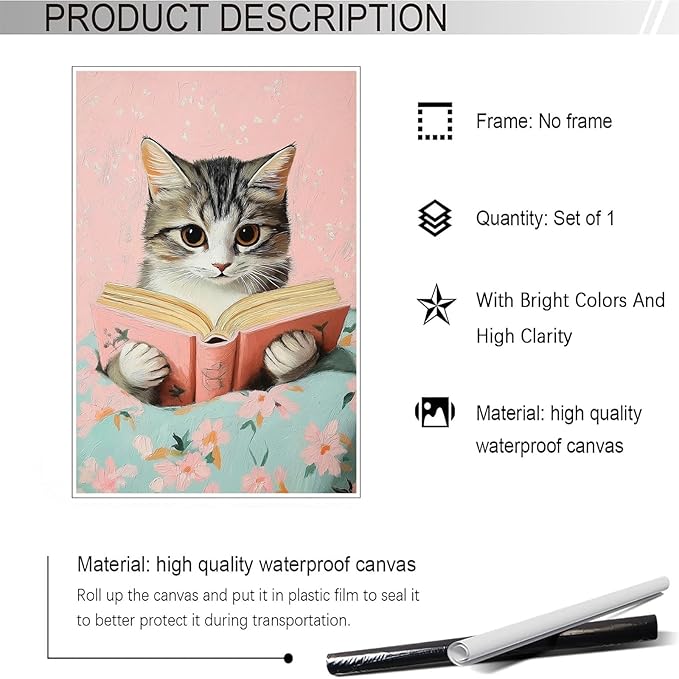Vintage Cat In Bed Canvas Wall Art Funny Cute Cats Reading Books Poster Retro Pink Girls Room Pet Animal Aesthetic Prints Painting For Home Bedroom Kids Room Dorm Wall Decor 8x12in Unframed