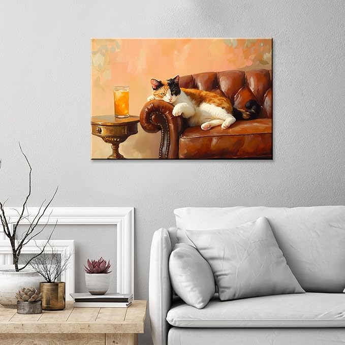 Calico Cat With Martini Art Wrapped Framed Print Poster Whimsical Pet Art Bar Cart Decor Cat Lover Gift Wall Art Room Decor Aesthetics Ready To Hang 16X24 inch
