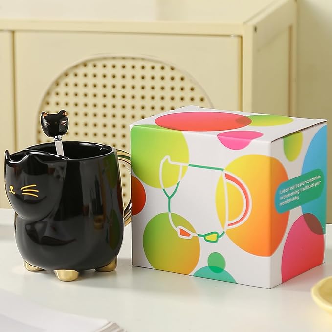 Yuwu 17oz Cat Mug with Tea Bag Holder & Spoon – Cute Ceramic kitty Coffee Cup Gift for Cat Lovers, Women, Girls – Tea Mug for Birthday, Christmas, Valentine’s Day(black)