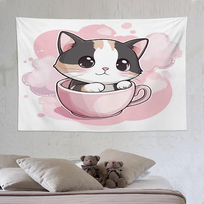 MaSiledy Kawaii Cat Tapestry's Wall Hanging Pink Smile Kitten Cat Face Meow Tapestry Aesthetic Landscape Tapestry Home Decoration for Bedroom Living Room Dorm 60"x90" Gift for Christmas