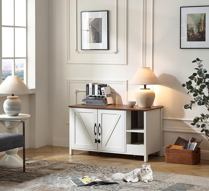 41.3'' Cat Litter Box Enclosure,Adjustable Shelf for Dog Proof and Storage,Locks Added for Cat,Litter Collector,Modern Indoor Cat Washroom Cabinet,Antique White