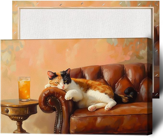 Calico Cat With Martini Art Wrapped Framed Print Poster Whimsical Pet Art Bar Cart Decor Cat Lover Gift Wall Art Room Decor Aesthetics Ready To Hang 12X18 inch