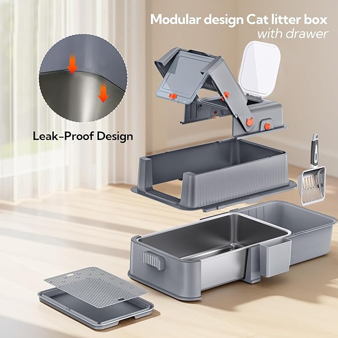 Soulbond Stainless Steel Cat Litter Box with Lid, Enclosed Large Metal Litter Box with Drawer and Flip Door for Big Cats, Top Entry, Odor Control, Easy to Clean (Grey)