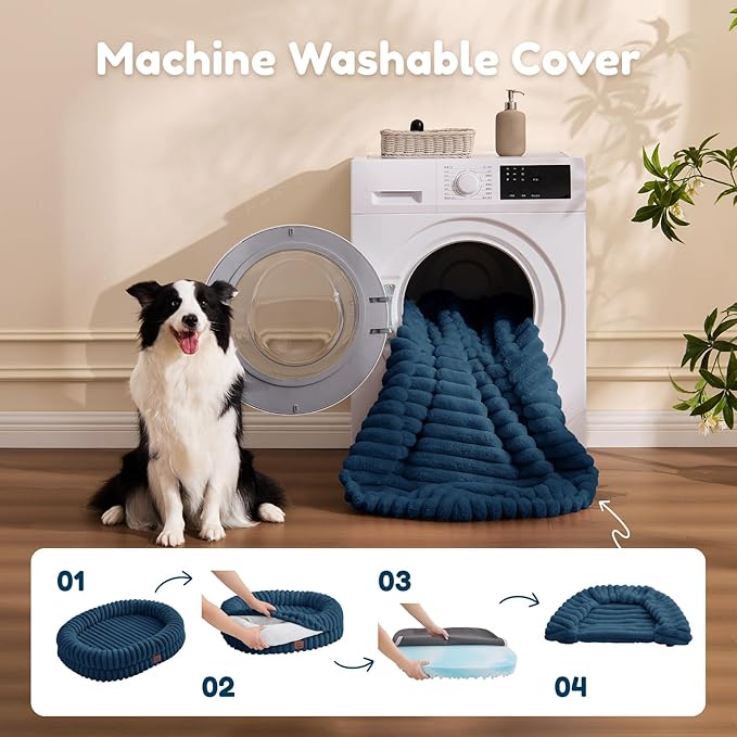 ChiXnuggle XL Dog Bed - Luxury Striped Faux Fur Waterproof Pet Couch with Removable Washable Cover, Orthopedic Dog Bed with Bolster Sides for Sleeping, Midnight Blue