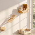 Cat Wall Shelves Set – Solid Wood Cat Wall Furniture with Moon Bed & Ladder, Wall Mounted Climbing Shelves for Indoor Cats, Space Saving Cat Gym Wall System (3pcs/Set)